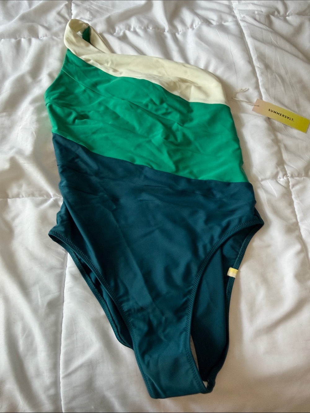 summersalt Colorblock One-Shoulder Swimsuit in Dark Teal, Emerald and Cream